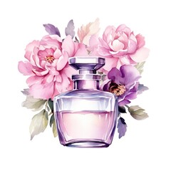 Watercolor perfume with flowers. Illustration AI Generative.