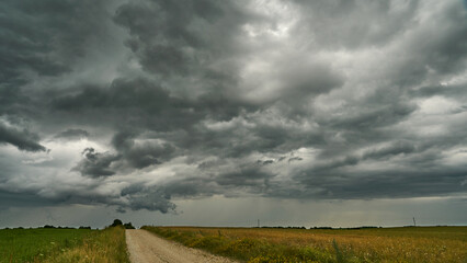 A terrible rain cloud hangs over an agricultural field and a dirt road. Hurricane and thunder over...