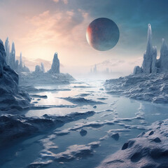 Icy alien planet landscape. Generative AI