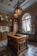 Interior of a classic baroque, colonial style kitchen with wooden furniture. created with Generative AI