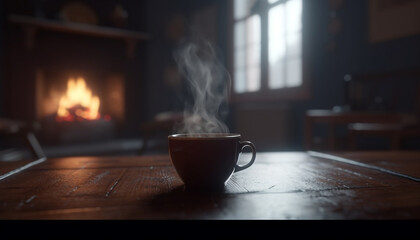 Hot coffee in wooden cup on table in cozy room. generated by AI