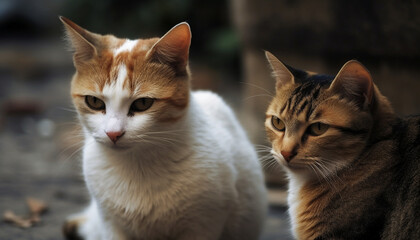 Cute kitten sitting outdoors, staring at camera with playful alertness. generated by AI
