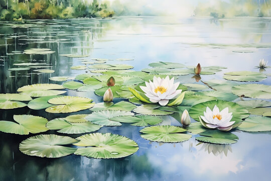 Splendid white waterlilies and leaves on the lake . Generative AI.