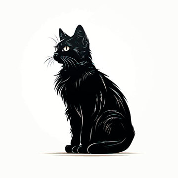 Minimalist design: central geometric figure of a cat, composed of simple flat shapes, abstraction, on a white background. Geometric vector illustration of a black cat. Black cat logo.