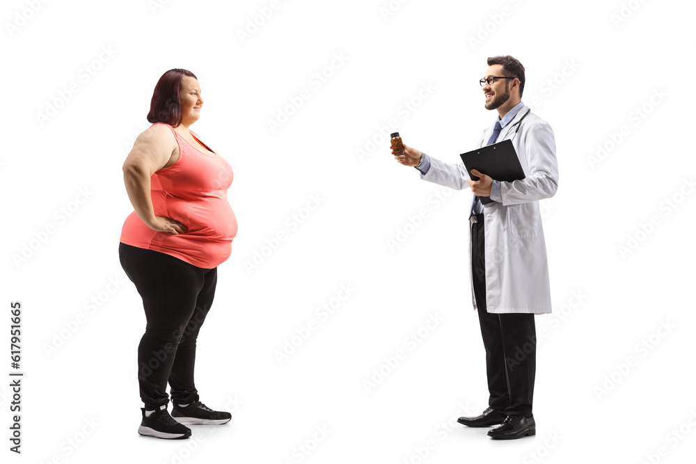 Sticker Full length profile shot of a doctor giving a bottle of pills to an overweight young woman