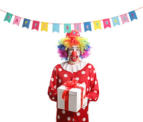 Excited clown holding a present box at a birthday party