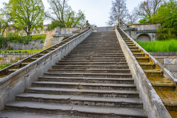 Obraz premium Historical baroque staircase with water cascades on each side and Triton sculptures on the top. Kuks, Czech Republic