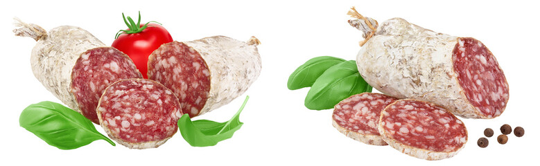 Cured salami sausage isolated on white background. Italian cuisine with full depth of field