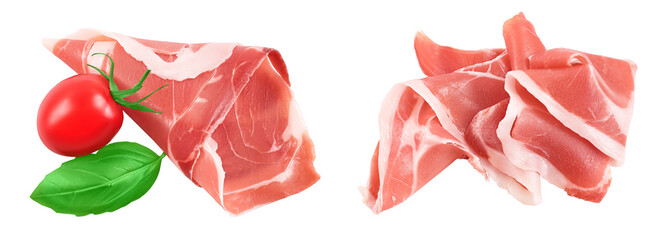 Italian prosciutto crudo or spanish jamon. Raw ham isolated on white background with full depth of...