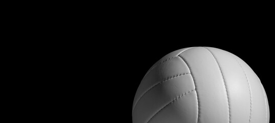 White leather volleyball detail on black background. Horizontal sport theme poster, greeting cards, headers, website and app.