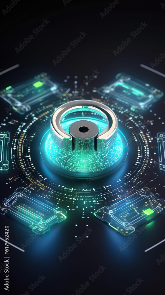 Poster a circular device surrounded by various electronic devices. generative ai. cyber cecurity concept im