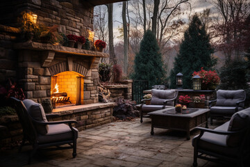 Fototapeta na wymiar Outdoor Fireplaces: Elevate Your Backyard with a Stunning Patio Fireplace, Generative AI