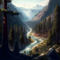 a stunning dramatic render of a deep mountain valley next to a raging river among ancient redwood trees with long expansive views that reach rar into the distance  - obrazy, fototapety, plakaty