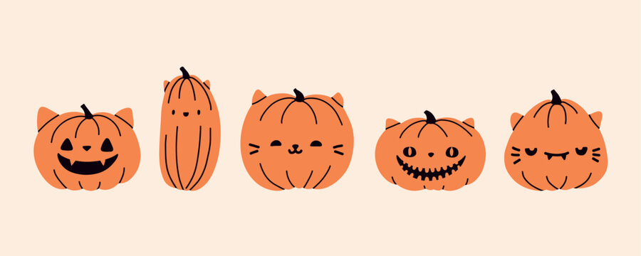 Cat jack o lantern gourd. Pumpkins with carved expression pet faces. Cartoon ingenious cat squash vector illustration