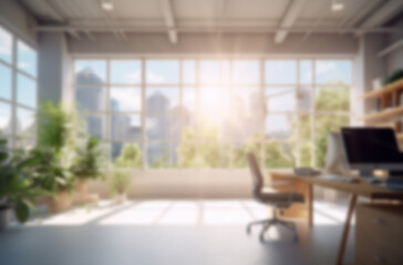 Fototapeta premium Blurred large modern office workspace in the morning , interior workplace with cityscape for business presentation background AI generated