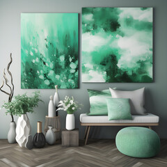 Modern contemporary living room, interior design, with furniture, sofa. Harmonious shades and tones of green. Contemplative space, sense of balance, harmony, healing power of green. Generative AI.