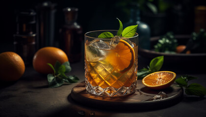 Refreshing citrus cocktail with ice and fresh fruit on rustic table generated by AI