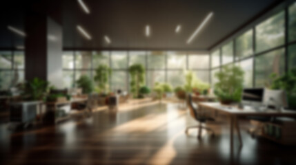 Fototapeta premium Blurred large modern office workspace in the morning , interior workplace with cityscape for business presentation background AI generated