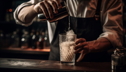 One man holding glass, pouring whiskey at bar counter generated by AI