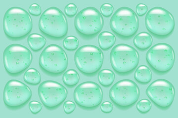 Green mint serum bubbles. Glycolic niacinamid essence balls top view. Shower gel or shampoo with herbal extract.