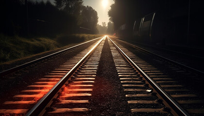 Fototapeta na wymiar Steel locomotive speeds through vanishing point on railroad track journey generated by AI