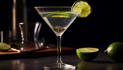 Fresh lime mojito garnished with citrus slice at outdoor bar generated by AI