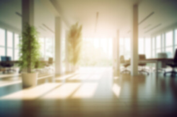 Fototapeta premium Blurred large modern office workspace in the morning , interior workplace with cityscape for business presentation background AI generated