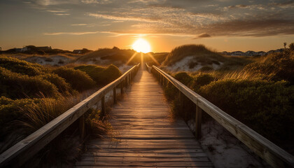 Fototapeta na wymiar Tranquil sunset over idyllic coastline, boardwalk and yellow plank bridge generated by AI