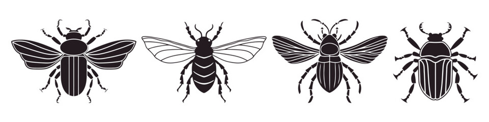 Set beetles insect black silhouette animal. Vector Illustrator