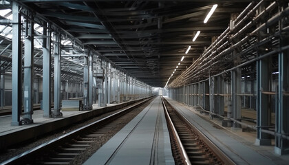 Modern steel transportation inside factory with futuristic architecture and machinery generated by AI