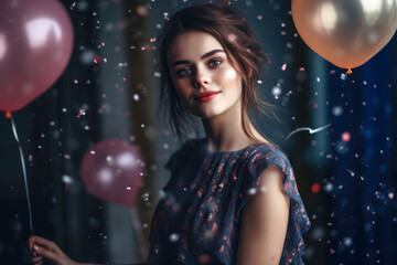 Obraz na płótnie Canvas smiling girl with air balloons and falling confetti against dark background. generative AI