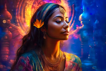 Illustration of beautiful young Indian woman meditation on esoteric shine background . Generative AI
