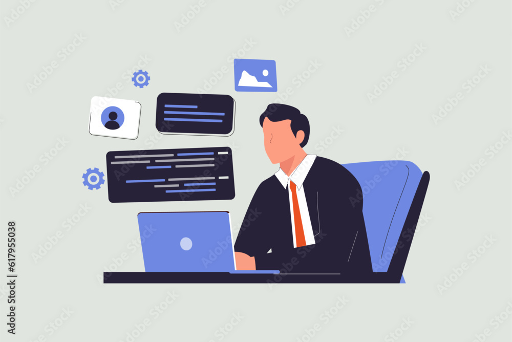 Poster cartoon handsome character casual man seat at desk working on laptop. a developer of project team en