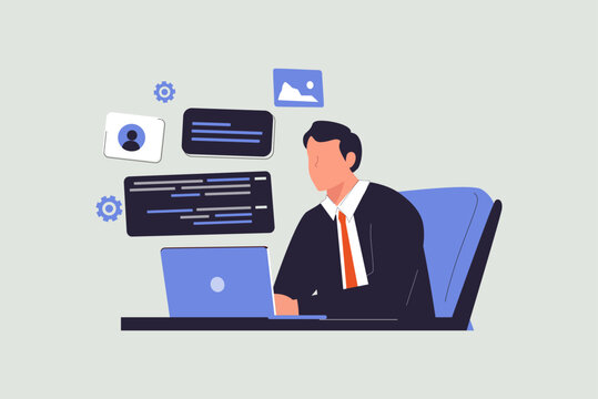 Cartoon handsome character casual man seat at desk working on laptop. A developer of project team engineers for website