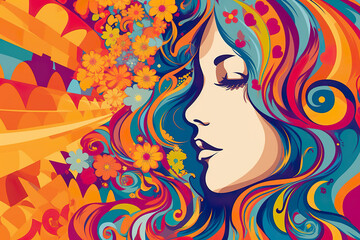 A woman with colorful hair and flowers in her hair. Generative AI.