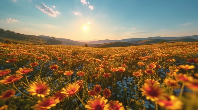 landscape of yellow flowers in the field with a sunset and clouds over the sky