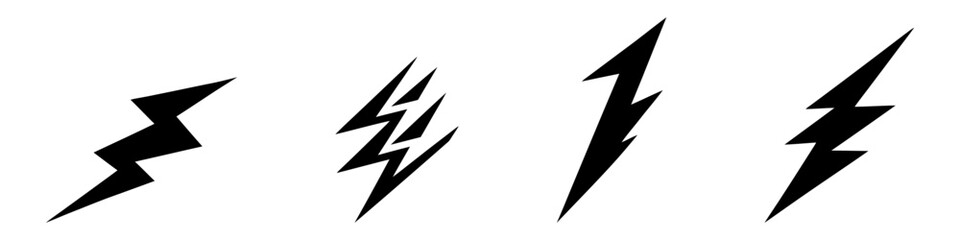 Set of 4 Lightning flat icons. Thunderbolts icons isolated on black background. Vector illustration