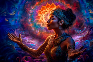 Fototapeta na wymiar Illustration of beautiful young Indian woman meditation on esoteric shine background . Generative AI