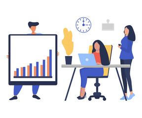 Businessmen man and woman presents growing statistic graph