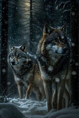 wolves in the in the enchanted forest walking down a path light snow very detailed snowfall Hyperrealistic Cinematic quality insane details 