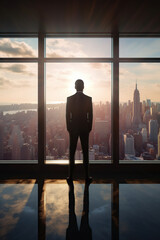 Fototapeta premium silhouette of a man standing in front of a window with a city