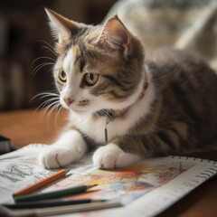 the cat is lying on the coloring book created with Generative AI technology