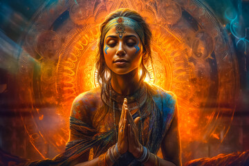 Illustration of beautiful young Indian woman prayer in traditional dress. Generative AI