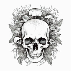 A black and white drawing of a skull surrounded by leaves. Generative AI.