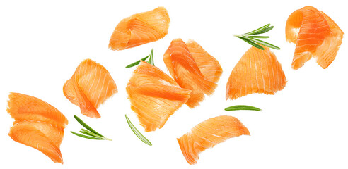 Falling salmon slices isolated isolated on white background