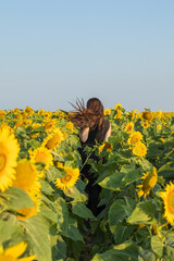 Summer day and happy young woman running in the sunflower field running on yellow sunflower field with arms raised up.