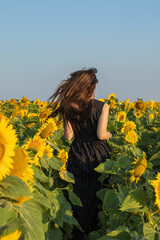 Summer day and happy young woman running in the sunflower field running on yellow sunflower field with arms raised up.