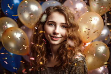 Obraz na płótnie Canvas smiling girl with air balloons and falling confetti. home celebration party concept. generative AI