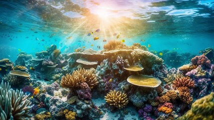 underwater photography of some reefs with the sun above, view of underwater nature