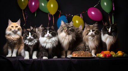 Fototapeta na wymiar Wild Whiskers Fiesta: Norwegian Forest Cats Party in Style